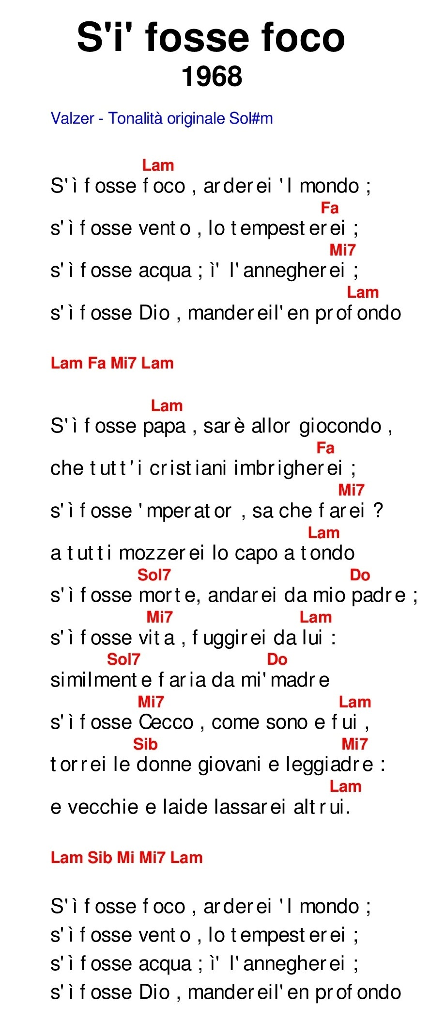 S I Fossi Foco De Andrè
