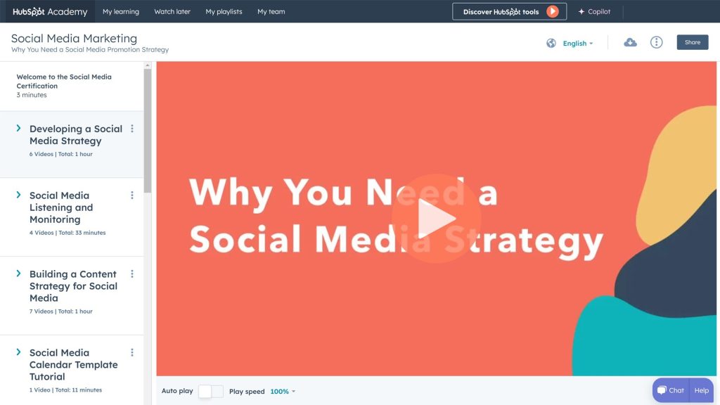 Schermata del corso di social media marketing di Hubspot.